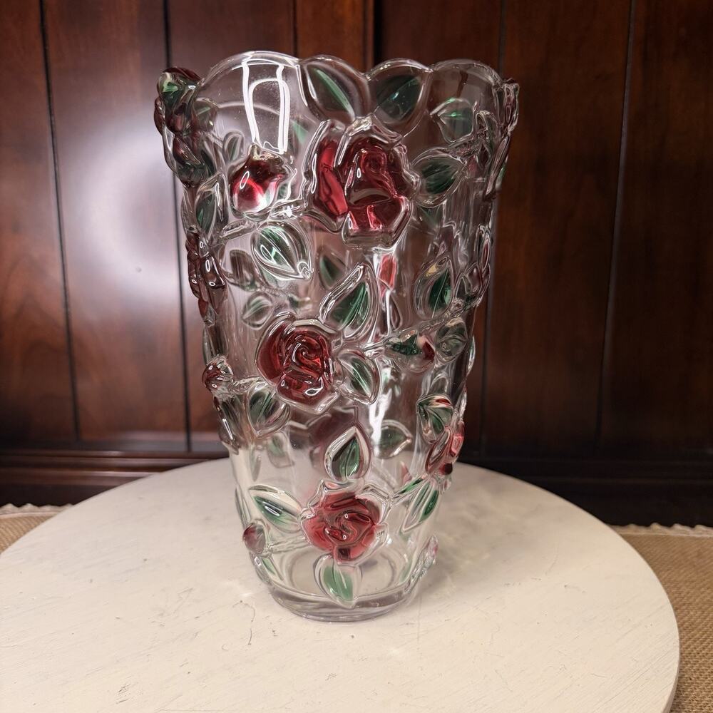 Mikasa Rose Garden 9.5" Glass Flower Vase Made In Germany Discontinued Design